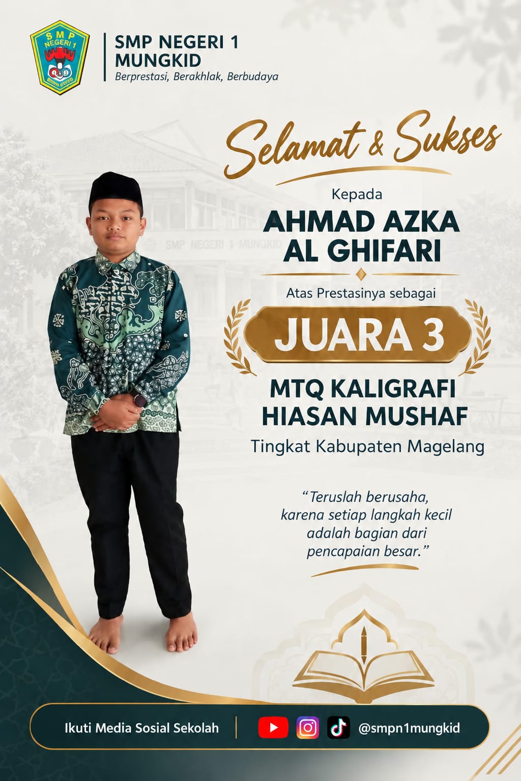 Alhamdulillah, Murid SMP Negeri 1 Mungkid Raih Juara 3 MTQ Kaligrafi Hiasan Mushaf Tingkat Kabupaten Magelang