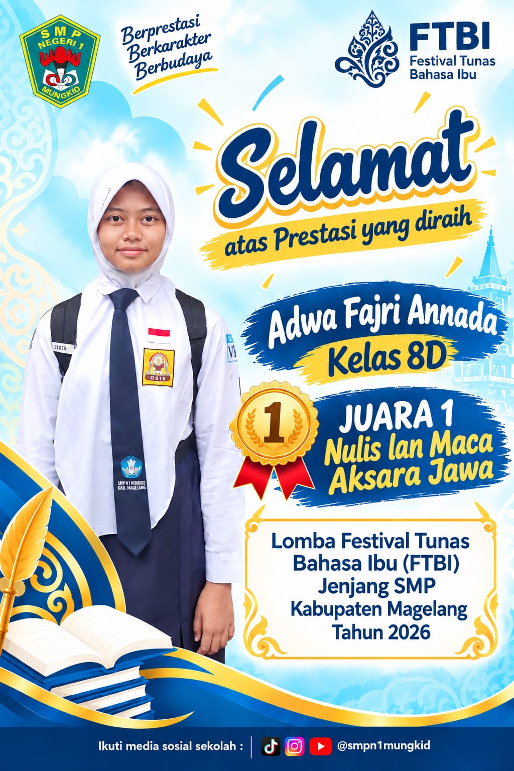 Adwa Fajri Annada, Juara I Nulis Lan Maca Aksara Jawa FTBI Kabupaten Magelang 2026